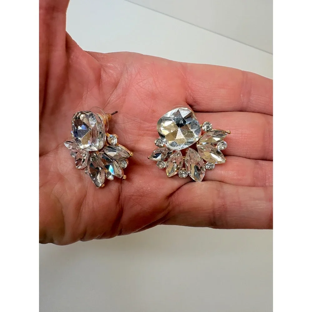 Gold Tone Clear Crystal Cluster Fan Statement Stud Earrings